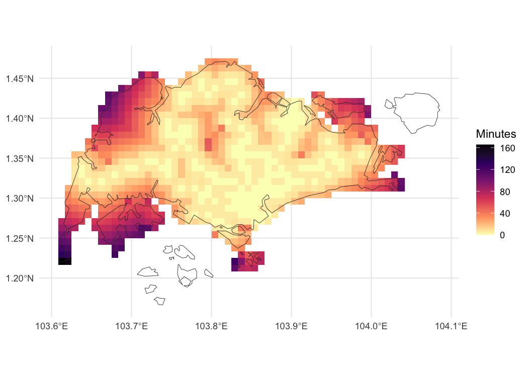 Map of walking travel time in Singapore, in minutes from nearest MRT or LRT station.